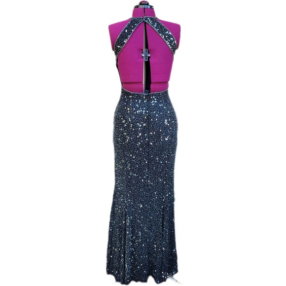 Scala Vintage Black Silk Beaded Sequin Backless Maxi Mermaid Gown Dress M - Picture 2 of 11